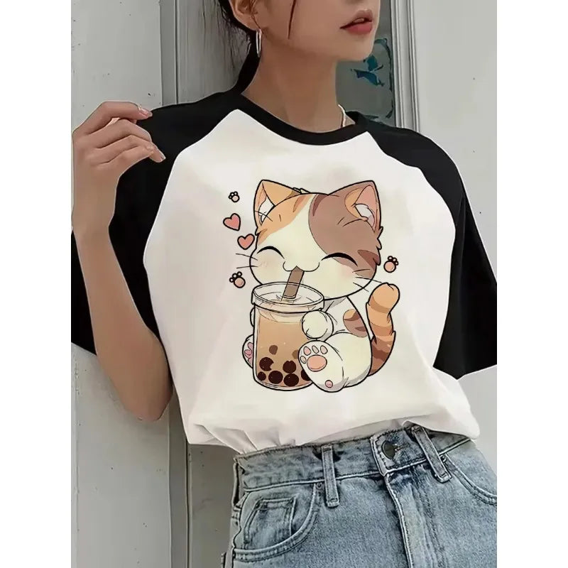 A Cute Patterned Orange Tabby Cat with A Smile Print T-Shirt Women Casual Graphic Tshirt Crew Neck Short Sleeve T Shirt Clothes