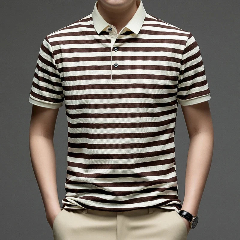 Mens Striped Polo Shirt Short Sleeve Classic Collar Breathable Casual Top For Daily Wear And Summer