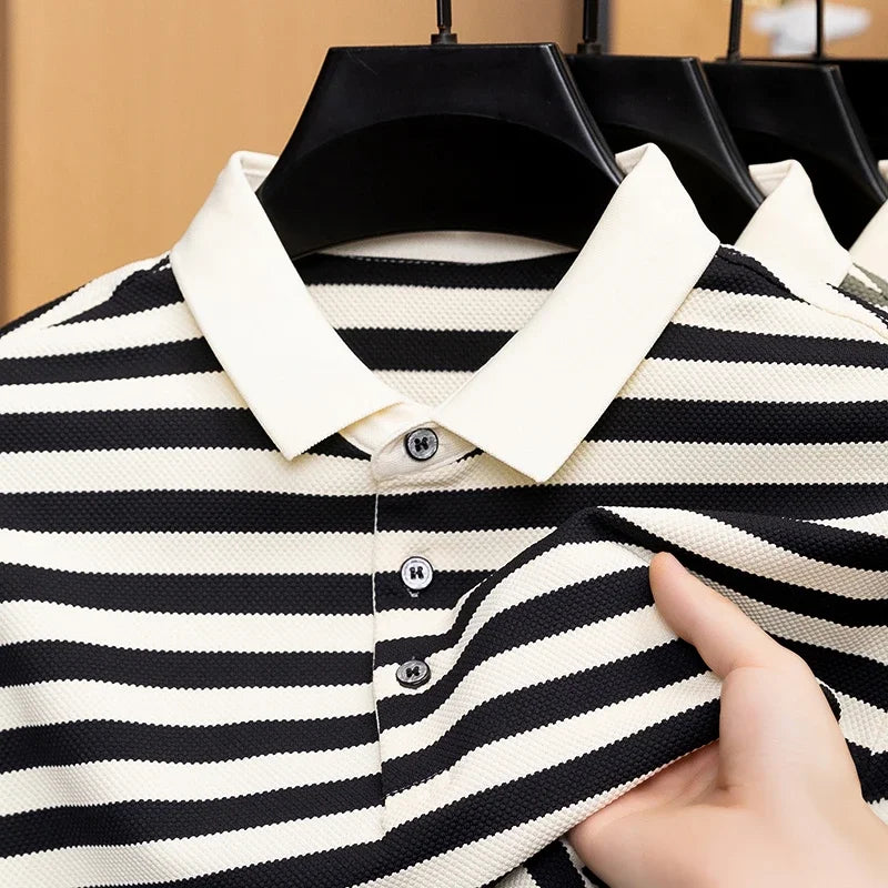 Mens Striped Polo Shirt Short Sleeve Classic Collar Breathable Casual Top For Daily Wear And Summer