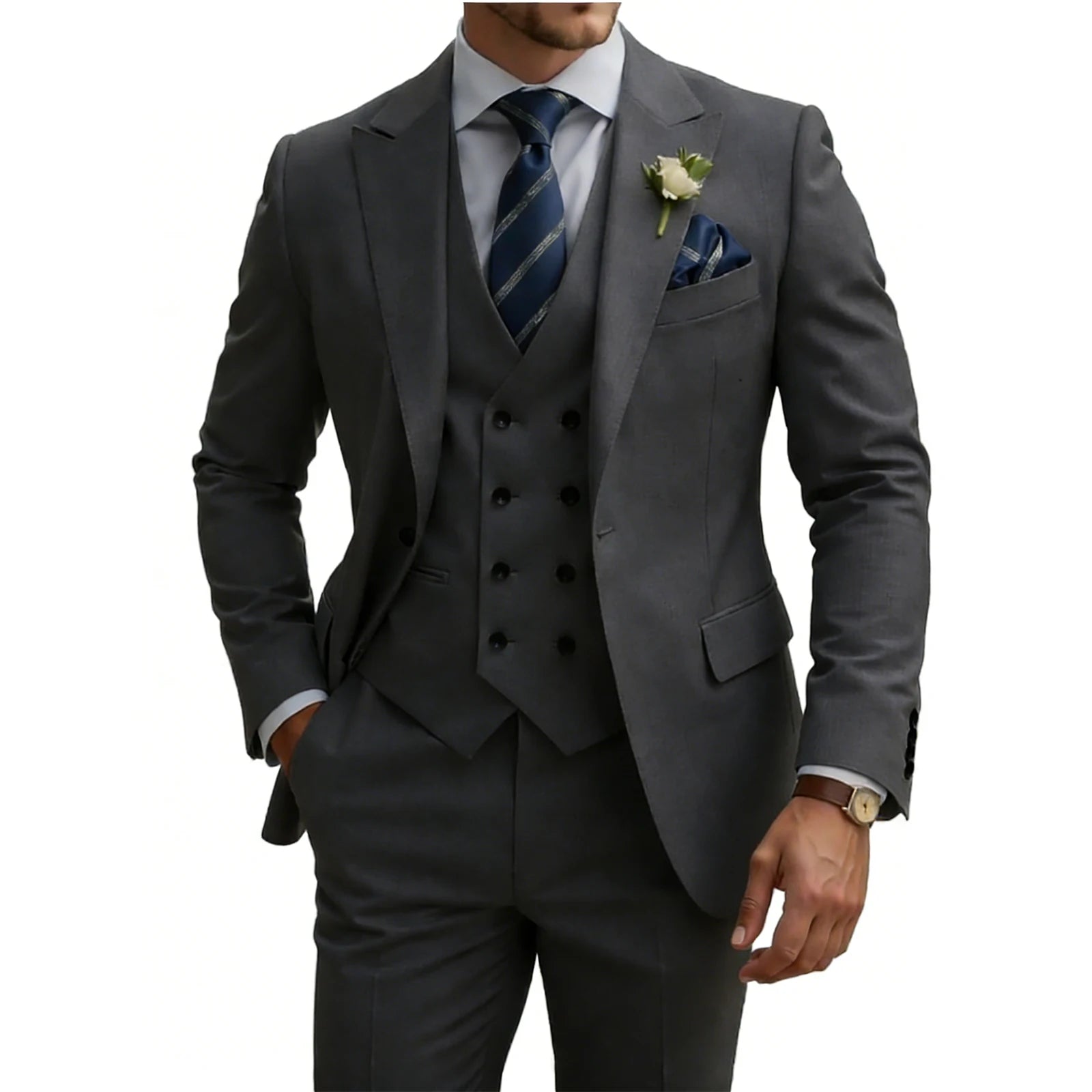 Mens 3 Piece Slim Fit For Men Double Breasted Suit Wedding Prom Suits Formal Business Dinner Tuxedo