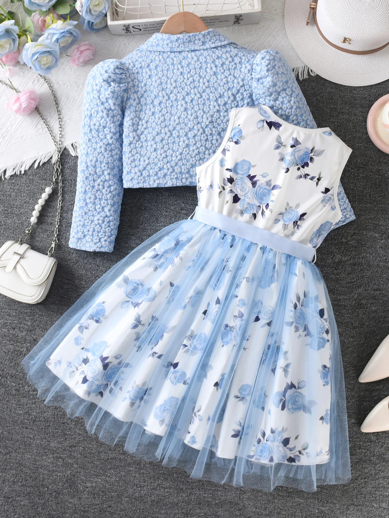 Elegant Girl Suits Dress Clothes Set Teenager Girl Princess Dresses Mesh Ball Gown with Jacket Floral Party Wedding Formal Kids