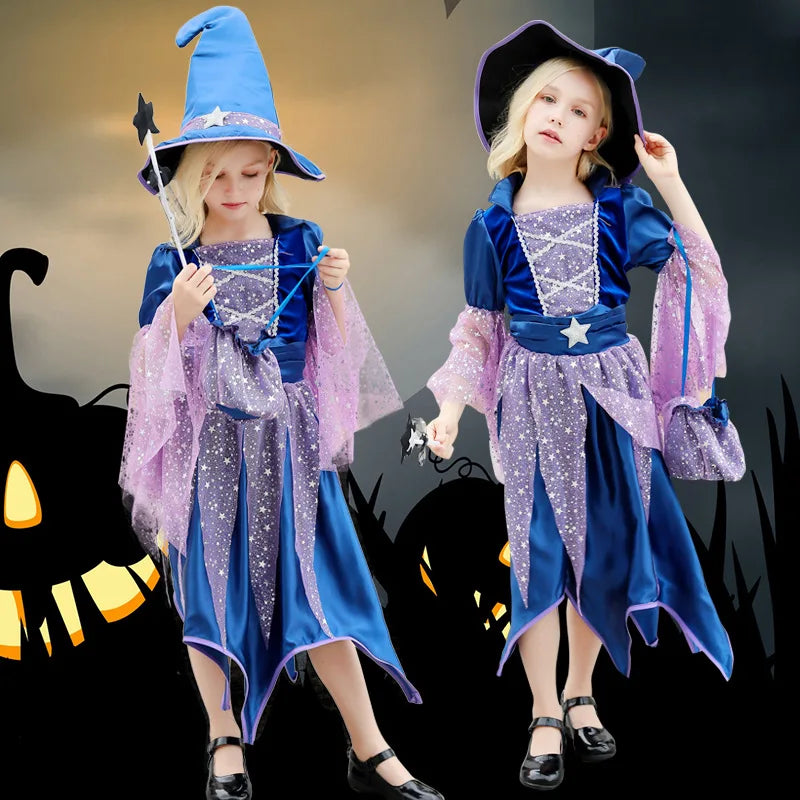 Halloween Party Costumes Witch Dress for Girls Kids Cosplay Carnival Witch Costume Pumpkin Dress Up With Bag Hat Wand Clothing
