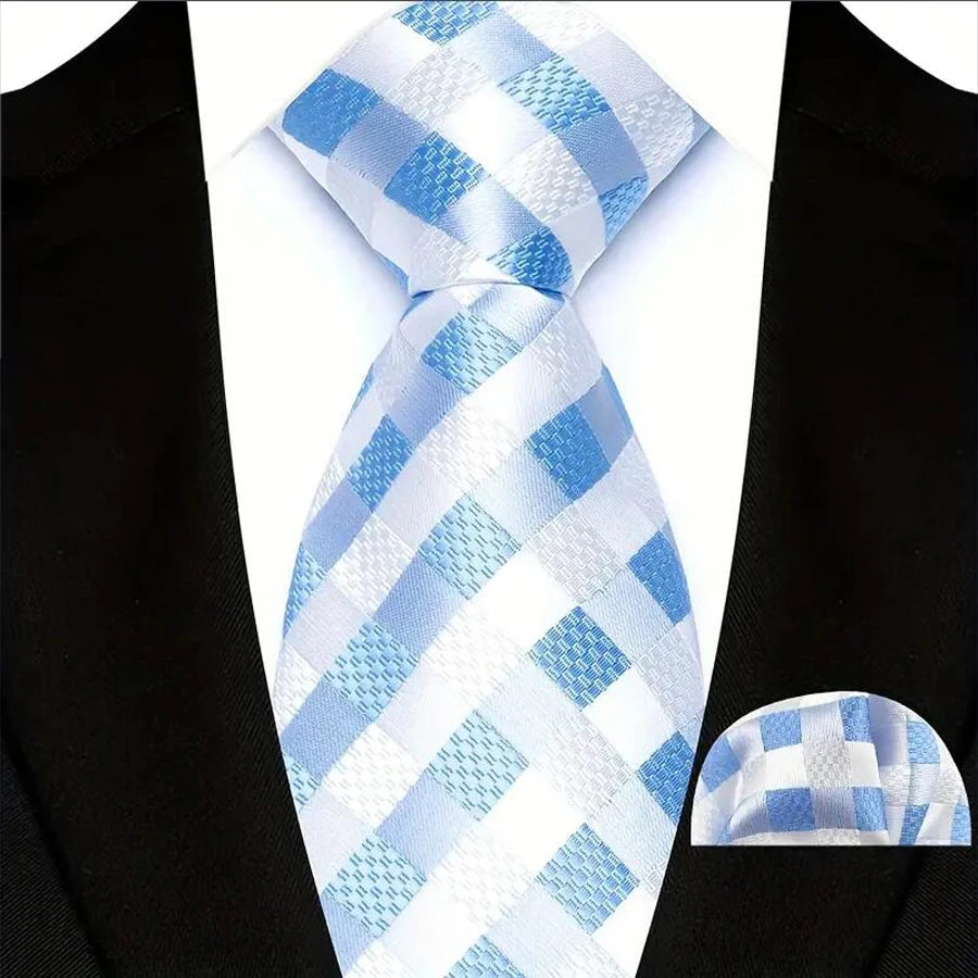 Men's Ties Set Luxury Floral Plaid Solid Light Blue Ties Business Party Formal Necktie Pocket Square Set Suits Accessory Gift