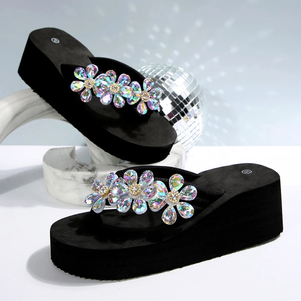 Shiny Rhinestone Chunky Platform Sandals Women 2025 Summer Wedge Heels Beach Flip Flops Woman Clop Toe Outdoor Slippers Slides