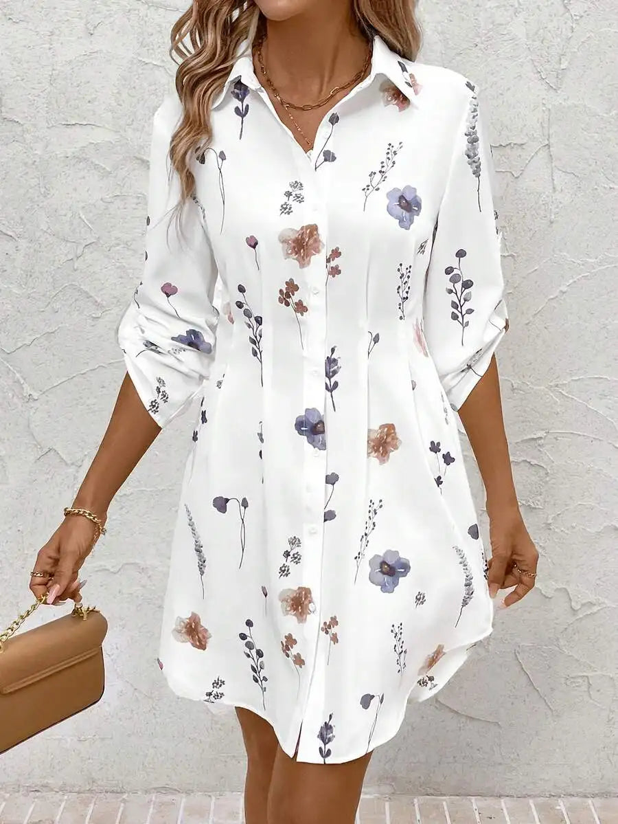Summer Vacation Outfits Women's Autumn/Winter Fashionable Versatile Commuter Floral Print Shirt Dress Fall Women Clothes Dress,S