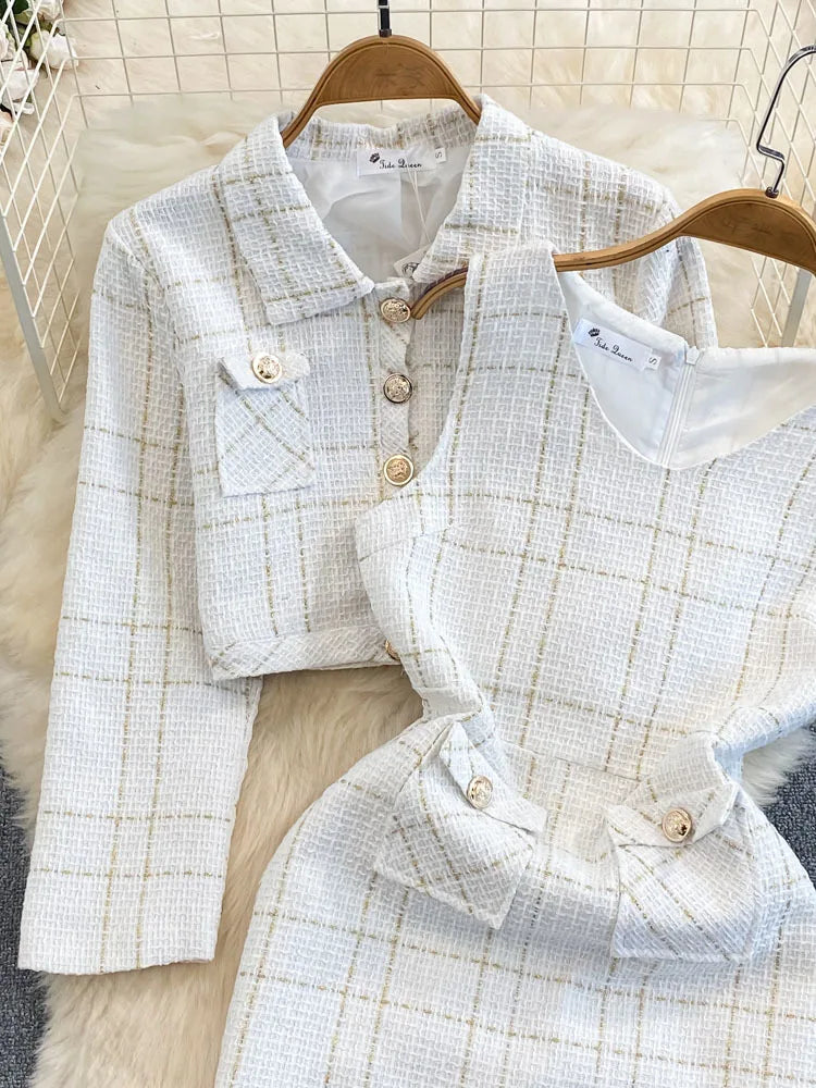 Autumn Dress Suit Women Luxury Korean Chic Blue Tweed Jacket + Vest Dress Elegant 2 Piece Set Long Sleeve Cropped Coat