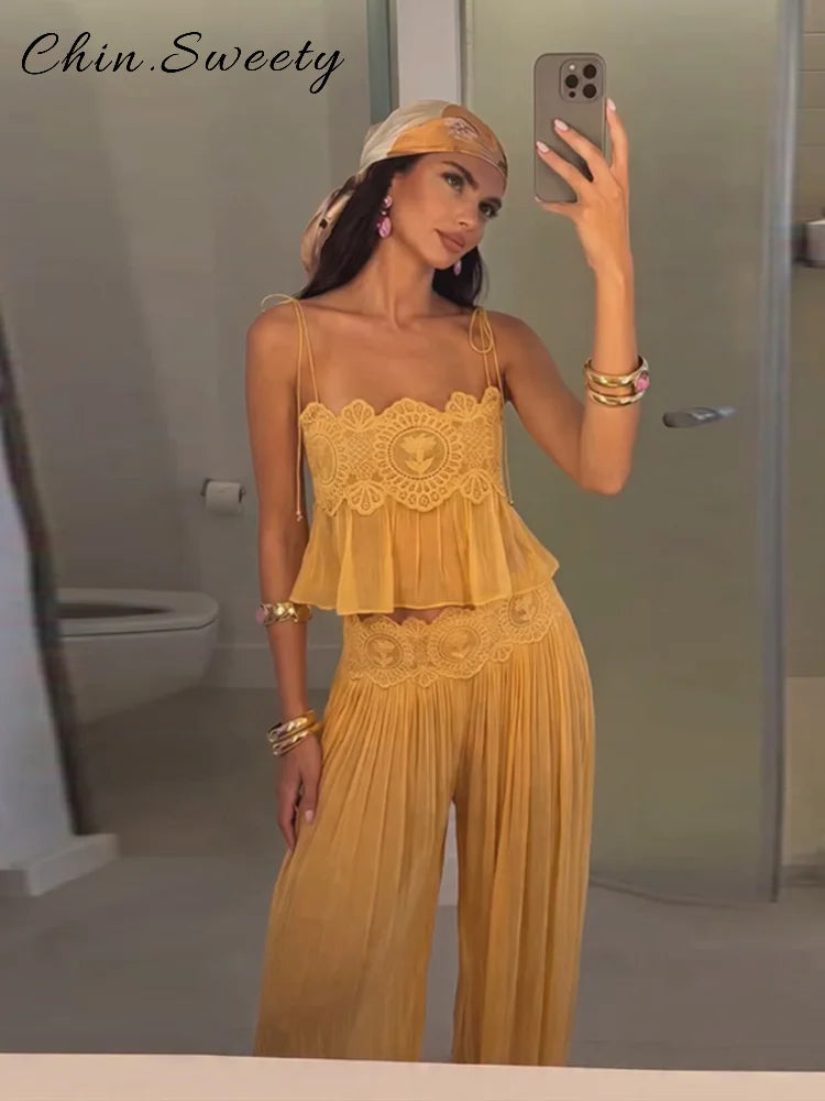 Fashion Women's Embroidery Hollow Out Vest Pants Set Sleeveless Backless Lace Up Sling Tops Loose Pleated Lantern Pant 2026 Suit