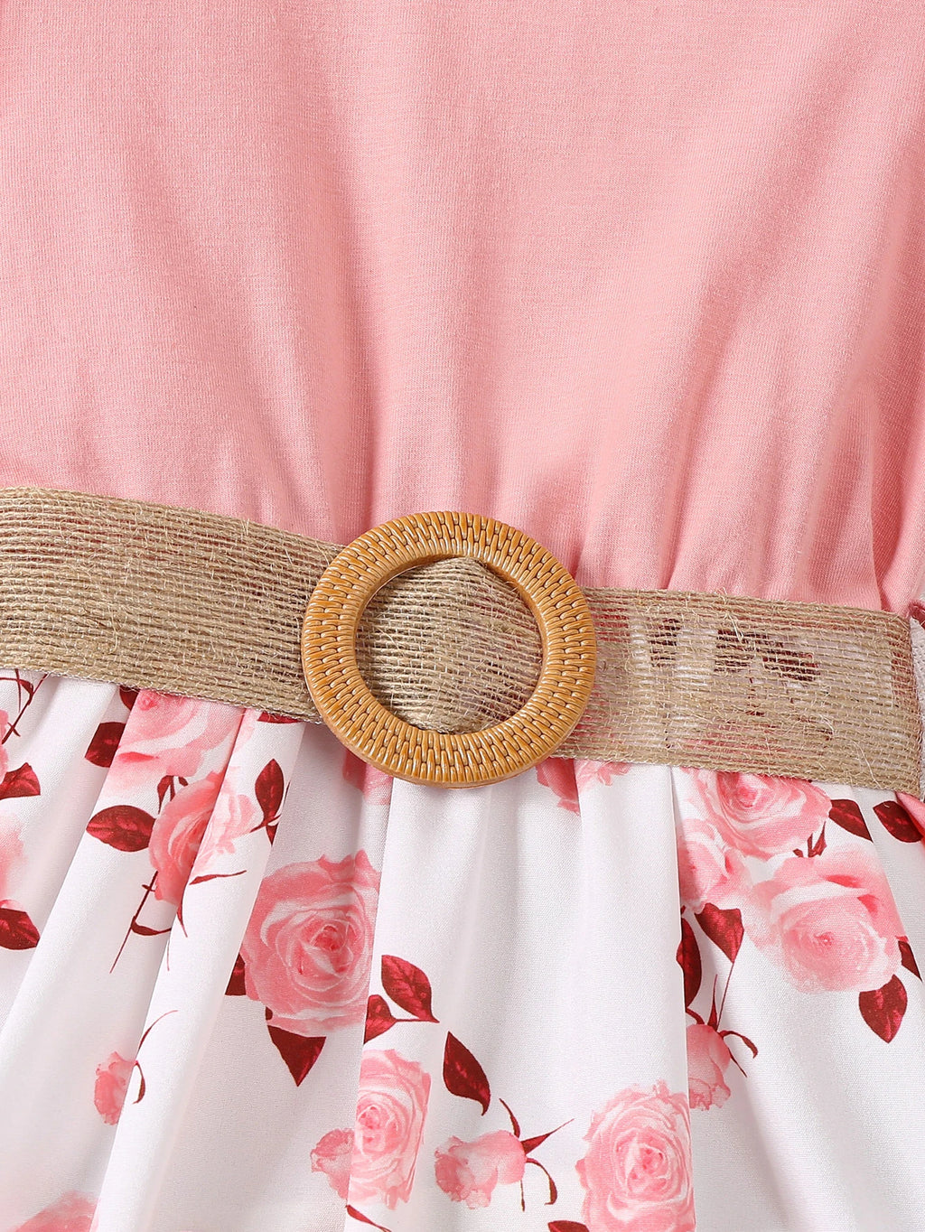 Girl's casual romantic floral print with ruffled edges and small flying sleeves, waist cinching dress (including belt), summer