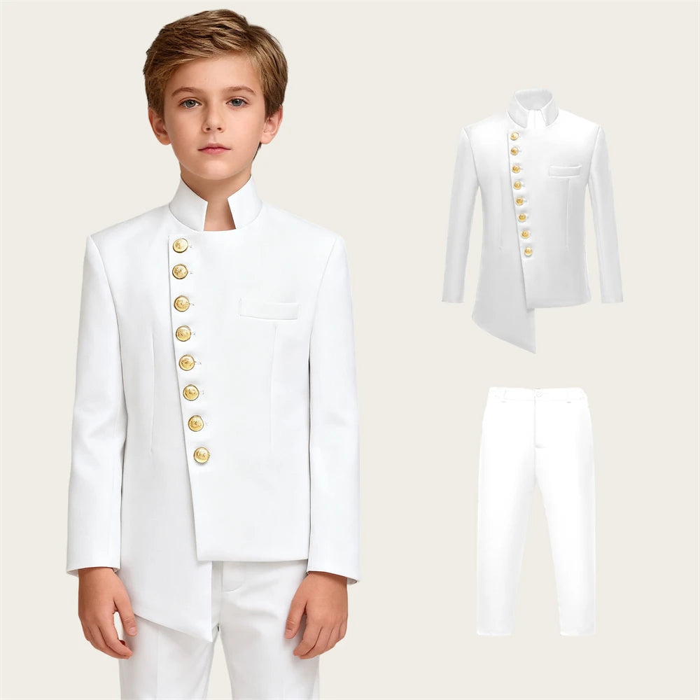 Kids' Two - Piece Suit Set: Royal Blue Jacket with Gold Buttons & Pants, Formal Outfit for Boys