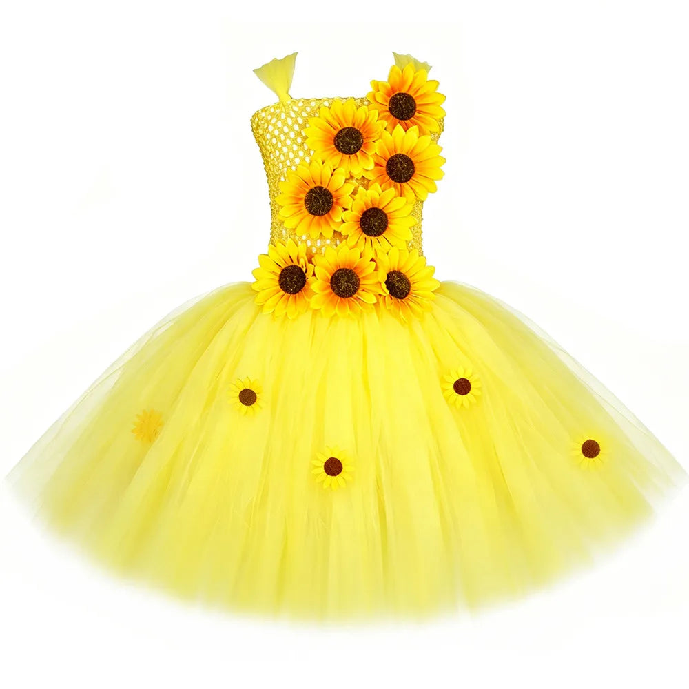 Fall Autumn Sunflower Fairy Princess Dress for Girls Thanksgiving Holiday Party Costume Set Yellow Kids Flower Girl Tutu Dresses