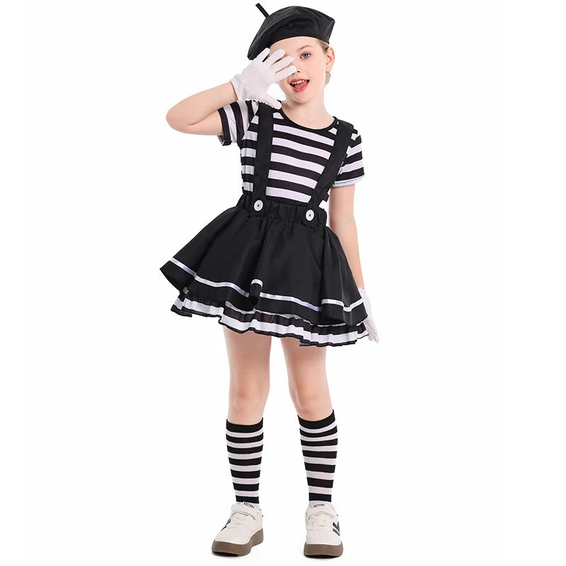 Halloween Burlesque Girls Stage Performance Costume June 1 Pantomime Actor Clown Pantomime Outfits Top+Strappy skirt+Hat+Gloves