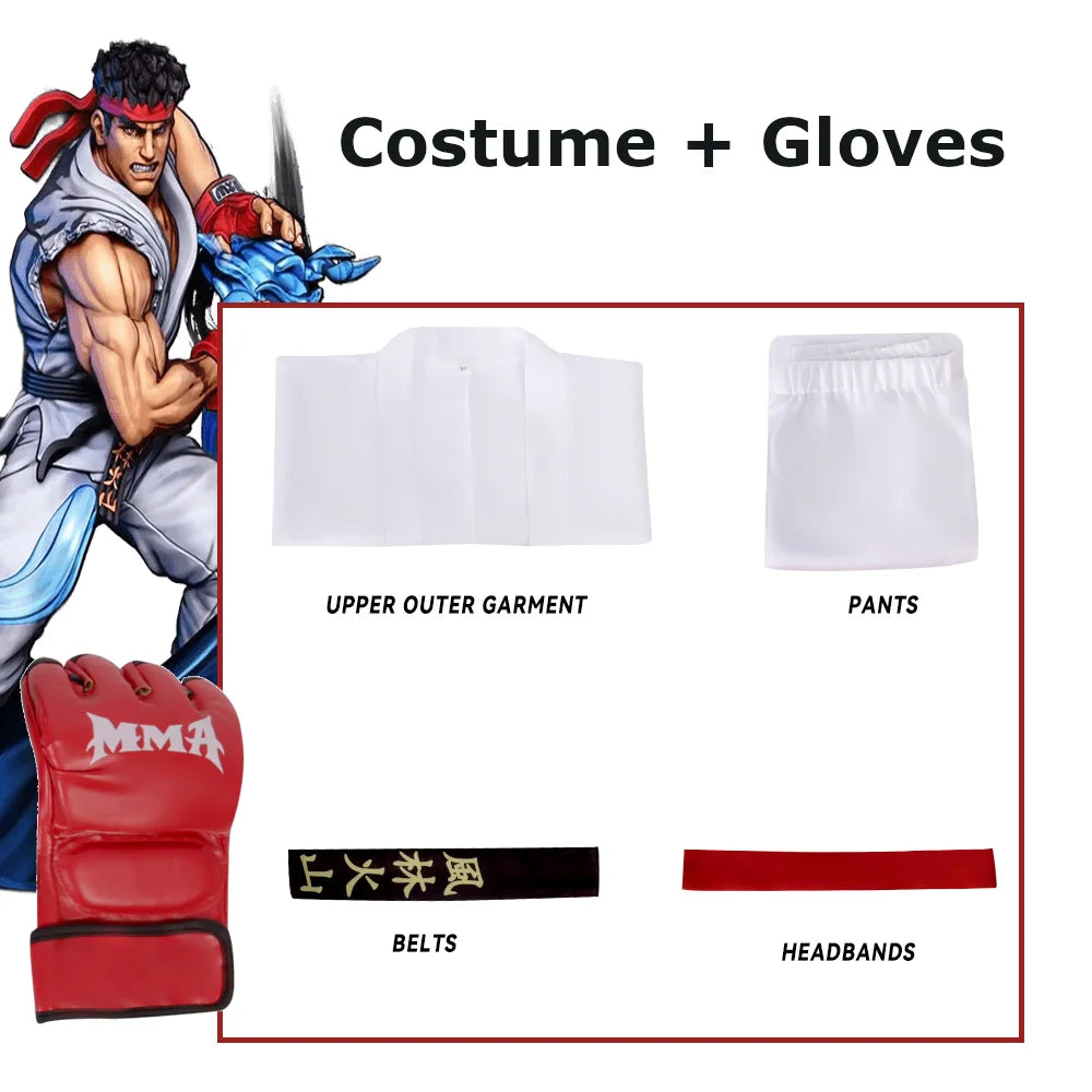 Street Fighter Ryu and Ken Cosplay Costume White and Red Martial Arts Uniform with Belt Men's Karate Outfit for Adults