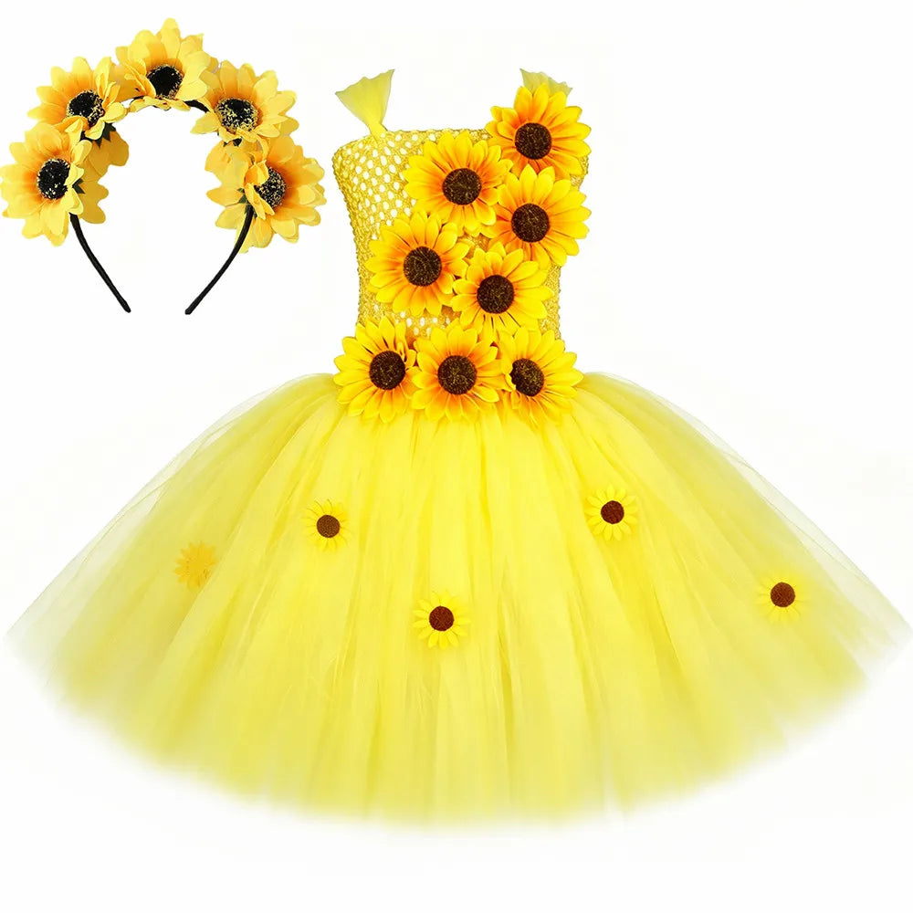 Fall Autumn Sunflower Fairy Princess Dress for Girls Thanksgiving Holiday Party Costume Set Yellow Kids Flower Girl Tutu Dresses