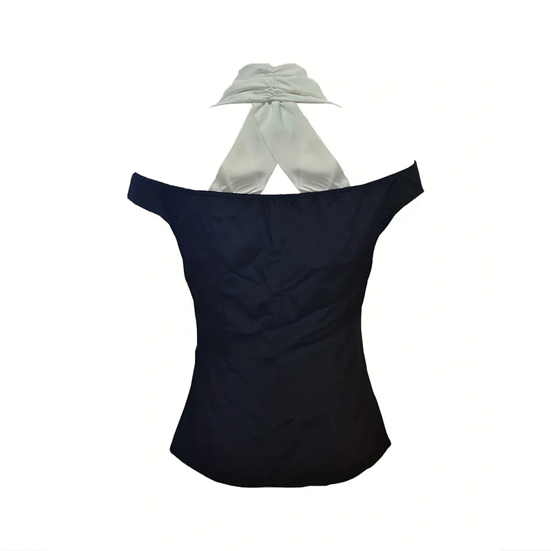 Women's Black White Contrast Off-Shoulder Top Halter Neckline Button Front Ideal for Evening Events Fashion-forward Outings