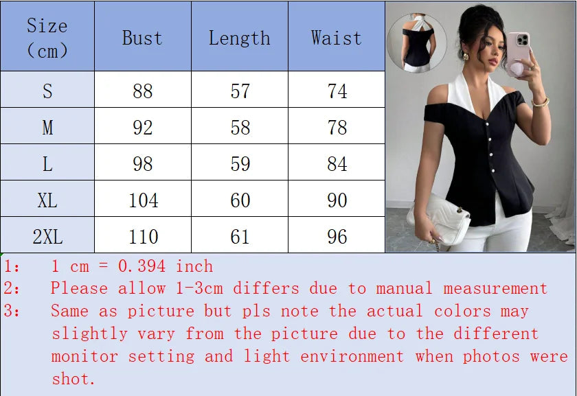 Women's Black White Contrast Off-Shoulder Top Halter Neckline Button Front Ideal for Evening Events Fashion-forward Outings