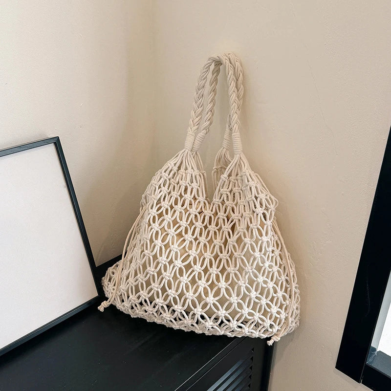 Summer Woven Bag for Women Handbags Handmade Knitted Beach Boho Shoulder Bag Large Tote Bag Hollow Out Shopping Bag