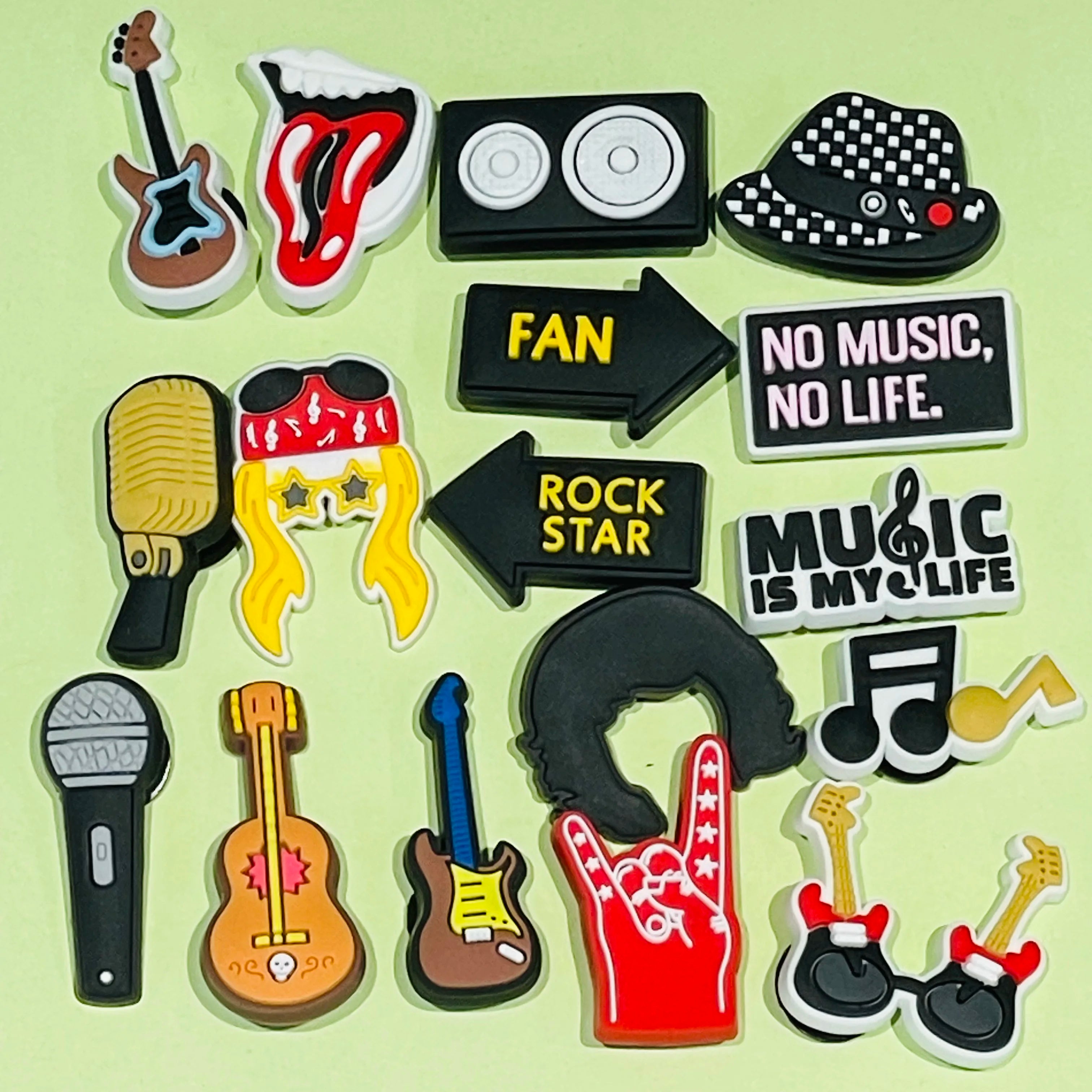 1-17PCS PVC Shoe Charms Fit Wristbands Music Life Rock Star Hole Slipper Decoration Shoe Buckle Button Accessories Adult Gift