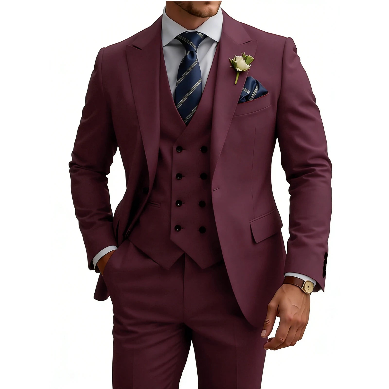 Mens 3 Piece Slim Fit For Men Double Breasted Suit Wedding Prom Suits Formal Business Dinner Tuxedo