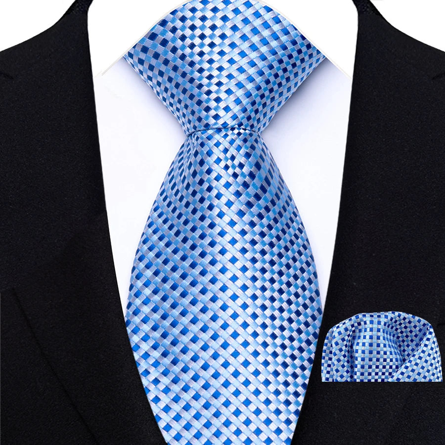 Men's Ties Set Luxury Floral Plaid Solid Light Blue Ties Business Party Formal Necktie Pocket Square Set Suits Accessory Gift
