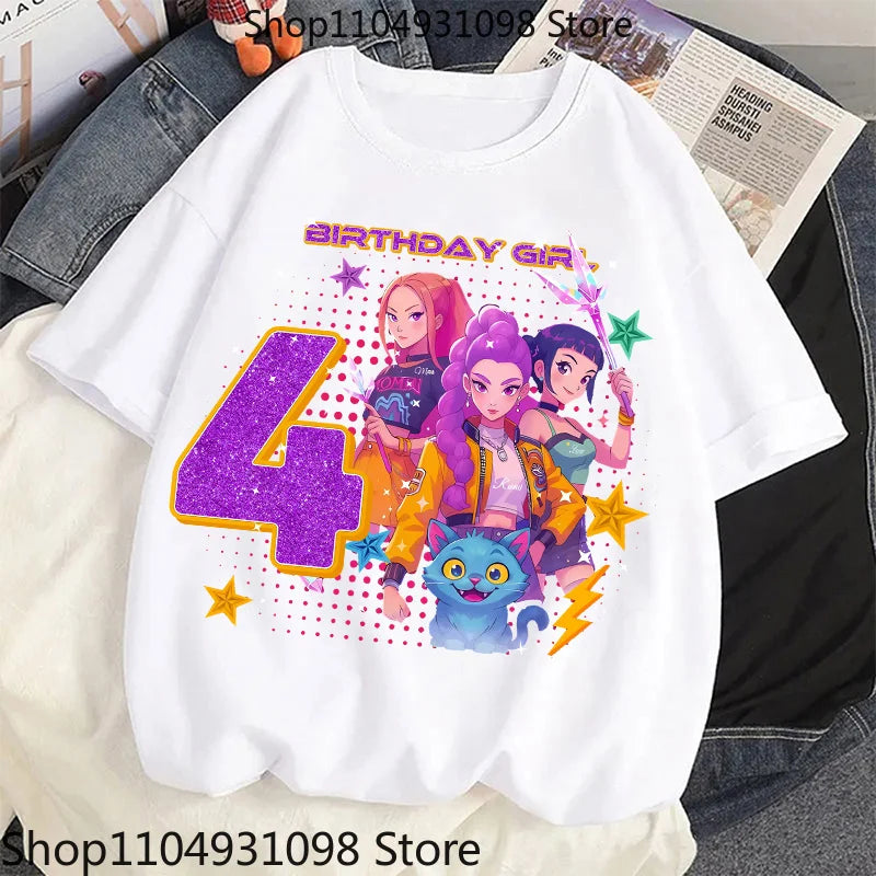 Cute Hunter Theme Girls T-Shirt Kids Music Fan Cartoon Print Birthday Tee Summer Casual Top