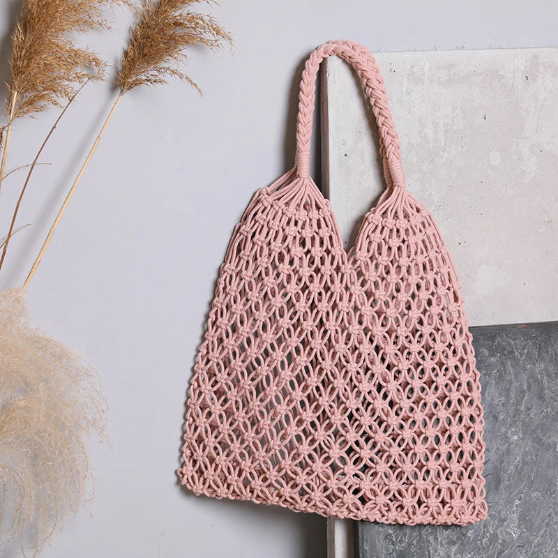 Summer Woven Bag for Women Handbags Handmade Knitted Beach Boho Shoulder Bag Large Tote Bag Hollow Out Shopping Bag