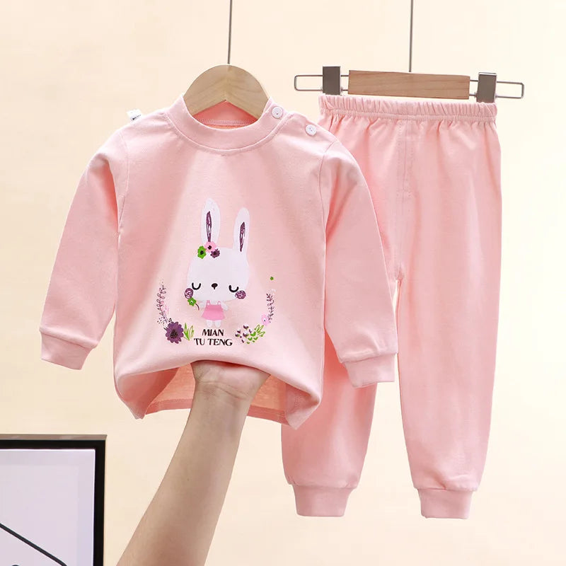 Pink Top Cartoon Design Long Sleeves Long Pants Kid Adorable Girl Pajama Set Children Cozy Night Sleep Unisex Baby Home Clothes