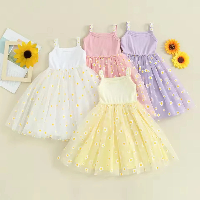 Korean Style Kid's Girls' Summer Dress 0-6Y Cute Baby Children's Daisy Suspender Mesh Dress for Girls Sun Beach Holiday Clothing