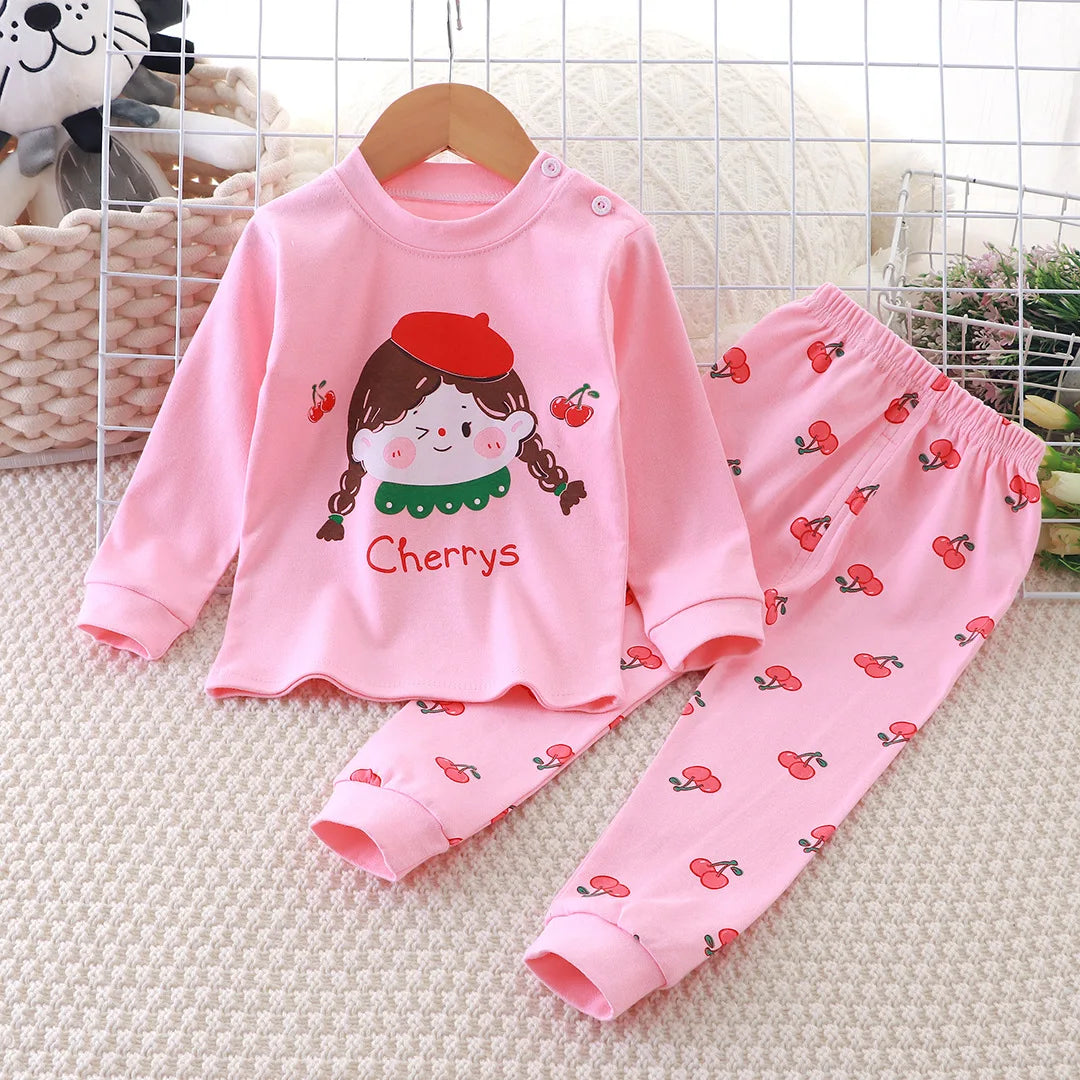 Pink Top Cartoon Design Long Sleeves Long Pants Kid Adorable Girl Pajama Set Children Cozy Night Sleep Unisex Baby Home Clothes