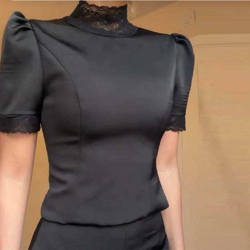 New Satin Lace Edge Top Short Sets For Women High Neck Padded Shoulder Blouse Low Waist Shorts 2026 Lady Spring Summer Outfits
