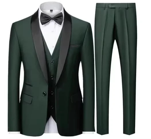 Men's 3 Piece Tuxedo Suit Set One Button Satin Shawl Lapel Slim Fit Blazer Vest Pants For Formal Business Wedding Groom