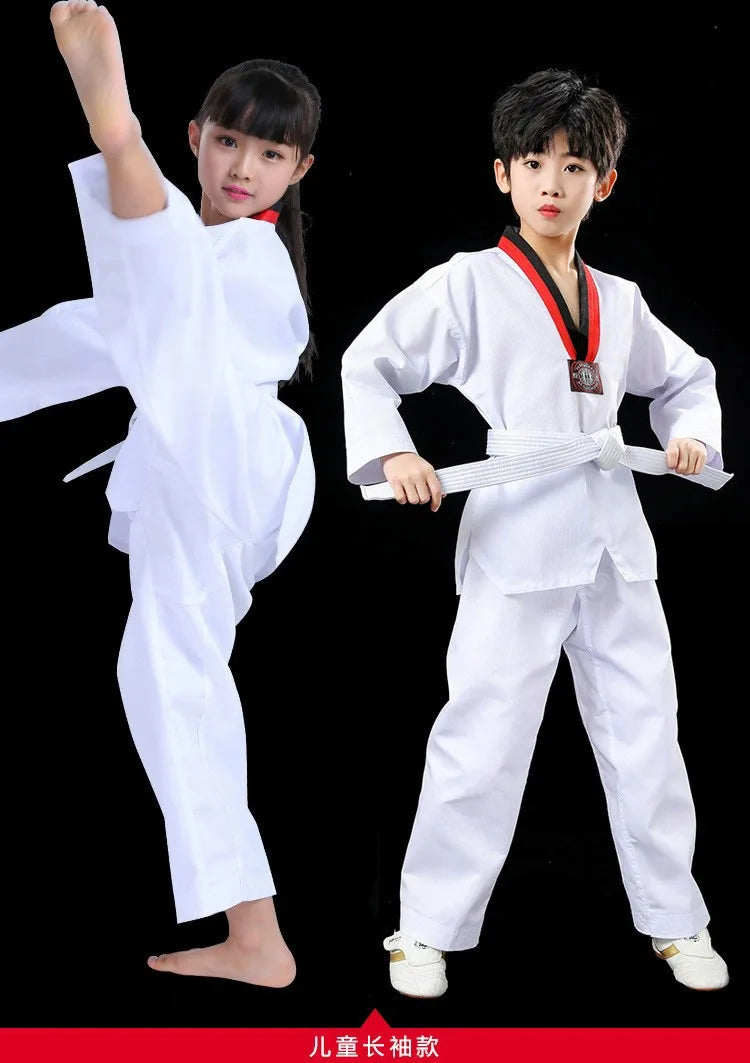 2022 TKD Costumes Clothing White Taekwondo Uniforms WTF Karate Judo Dobok Clothes Children Adult Unisex Long Sleeve Gi Uniform