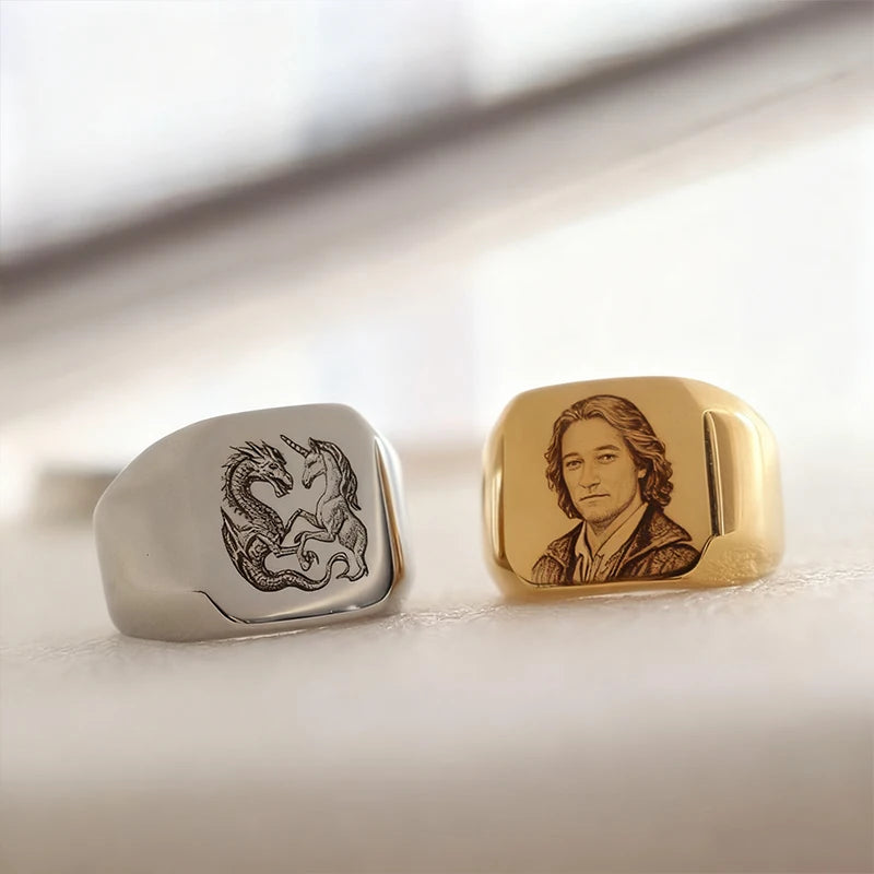Custom Mens Rings Engraved Photo Stamp Logo Letter Fashion Gold 18mm Stainless Steel Jewelry Wide Ring For Man Party Accessories