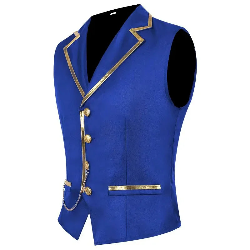 Men's Black Satin Suit Vest with Gold Trim and Chain - Formal Waistcoat for Wedding, Party, Prom - Slim Fit Tuxedo Vest