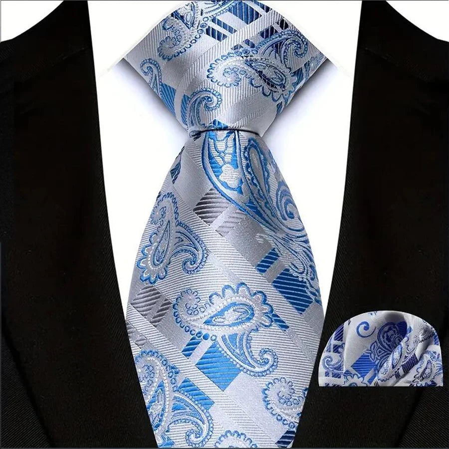Men's Ties Set Luxury Floral Plaid Solid Light Blue Ties Business Party Formal Necktie Pocket Square Set Suits Accessory Gift