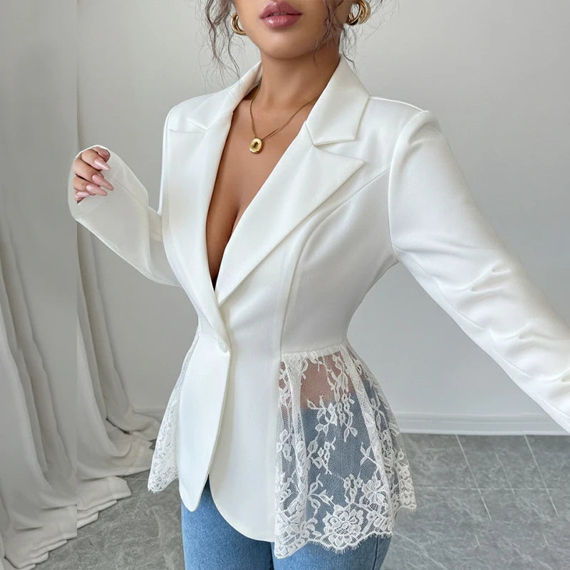 Elegant Lace Patchwork Blazer Women Fashion Notched Collar Long Sleeve One-button Perspective Sexy Versatile Suit Coat