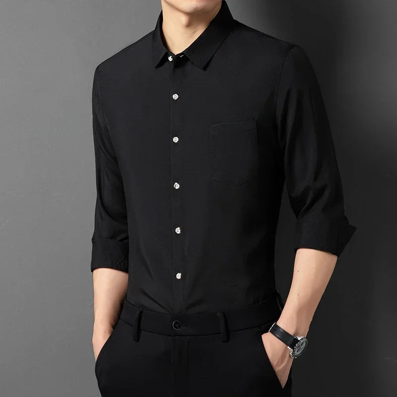 Men's Business Casual Solid Color Long Sleeved Shirt Non Ironing Comfortable Top