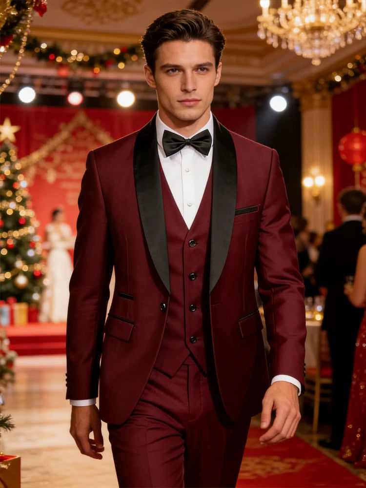 Men's 3 Piece Tuxedo Suit Set One Button Satin Shawl Lapel Slim Fit Blazer Vest Pants For Formal Business Wedding Groom