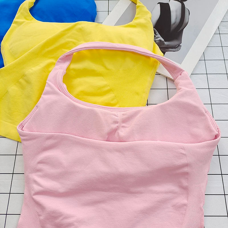 Women's Square Neck Deep Open Back Halter Bralette - Thick Straps, Slim-Fit, Removable Pads, Outerwear-Friendly Casual Top