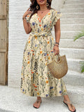 Plus Size Floral Print V Neck Dress, Casual Fashion Dress for Daily Outdoor Wear, Women Plus Clothing for All Seasons