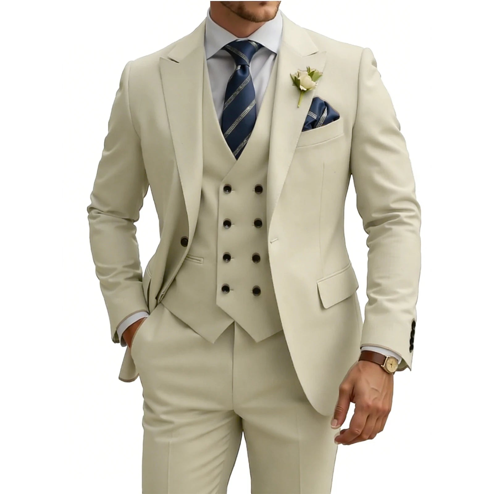 Mens 3 Piece Slim Fit For Men Double Breasted Suit Wedding Prom Suits Formal Business Dinner Tuxedo