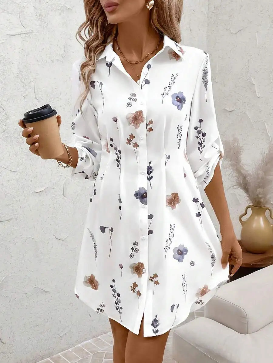 Summer Vacation Outfits Women's Autumn/Winter Fashionable Versatile Commuter Floral Print Shirt Dress Fall Women Clothes Dress,S