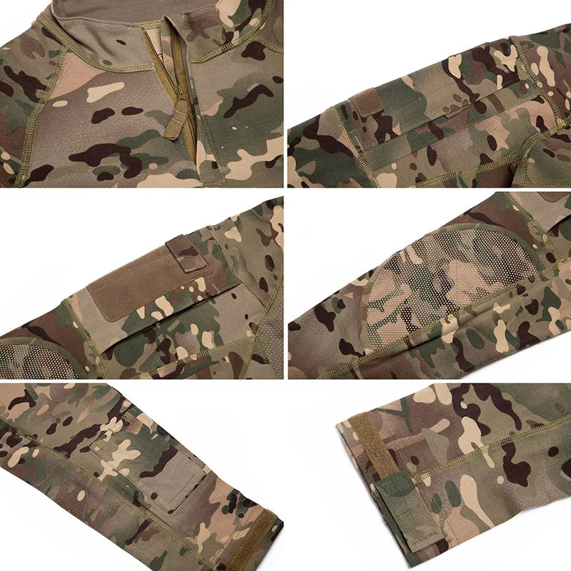 Men's Camouflage Tactical Combat Shirt Stretch Cotton 1/4 Zipper Uniform Shirts Long Sleeve Camo T Shirt