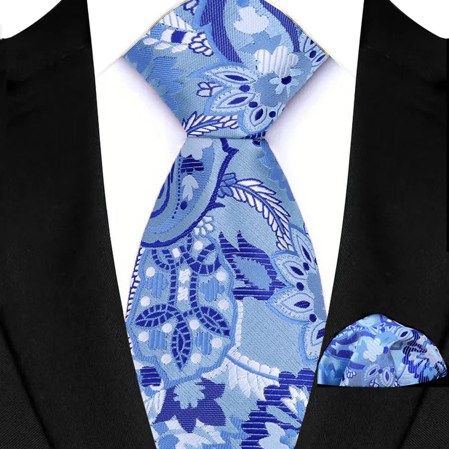 Men's Ties Set Luxury Floral Plaid Solid Light Blue Ties Business Party Formal Necktie Pocket Square Set Suits Accessory Gift