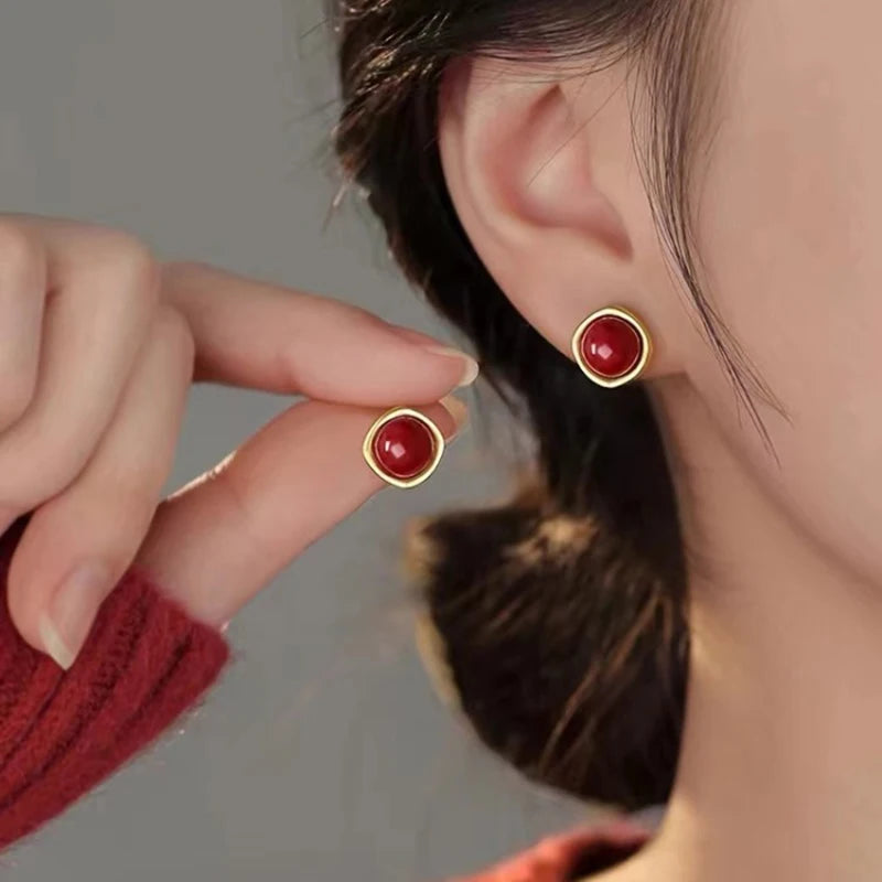 Real 925 Sterling Silver 14K Gold Red Bead Geometric Mini Stud Earrings For Women Classic Fine Jewelry Light Luxury Accessories