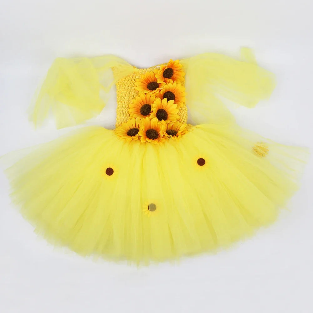 Fall Autumn Sunflower Fairy Princess Dress for Girls Thanksgiving Holiday Party Costume Set Yellow Kids Flower Girl Tutu Dresses