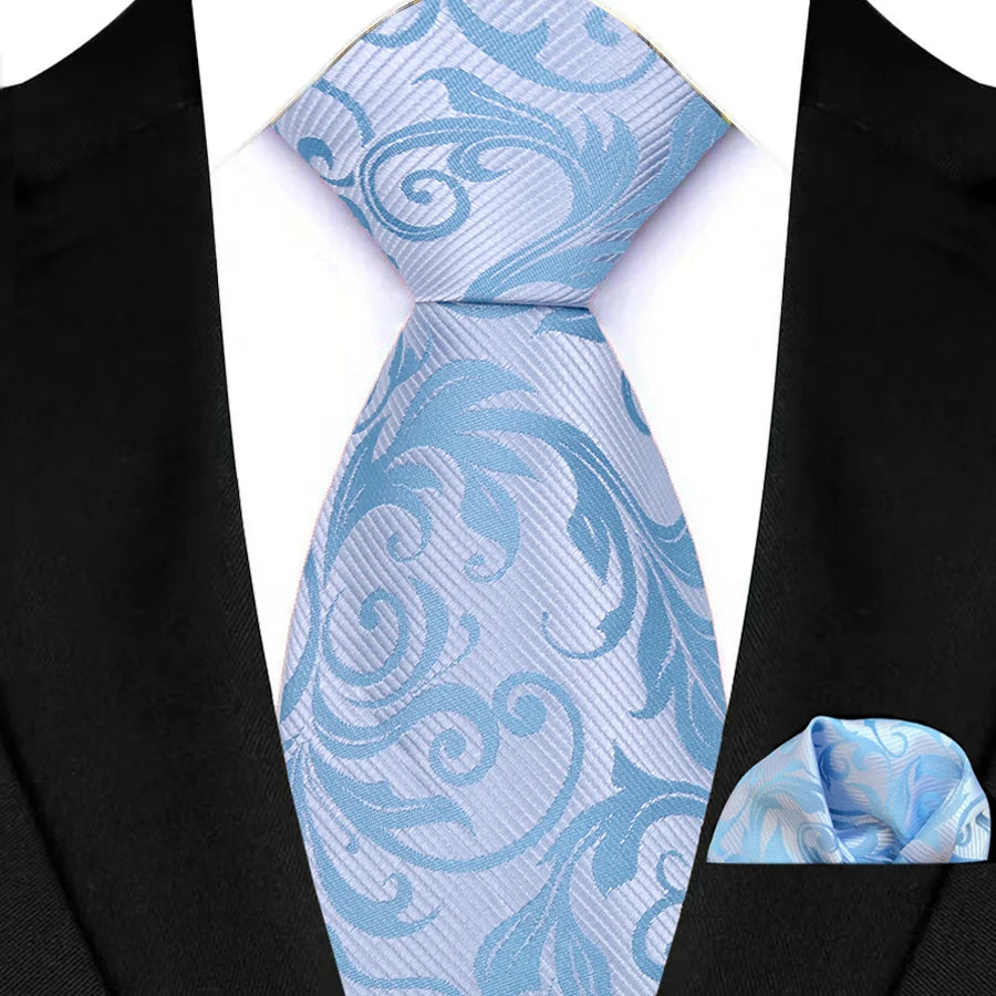 Men's Ties Set Luxury Floral Plaid Solid Light Blue Ties Business Party Formal Necktie Pocket Square Set Suits Accessory Gift