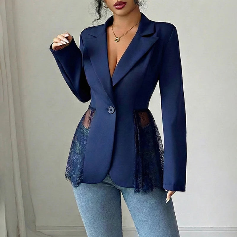 Elegant Lace Patchwork Blazer Women Fashion Notched Collar Long Sleeve One-button Perspective Sexy Versatile Suit Coat