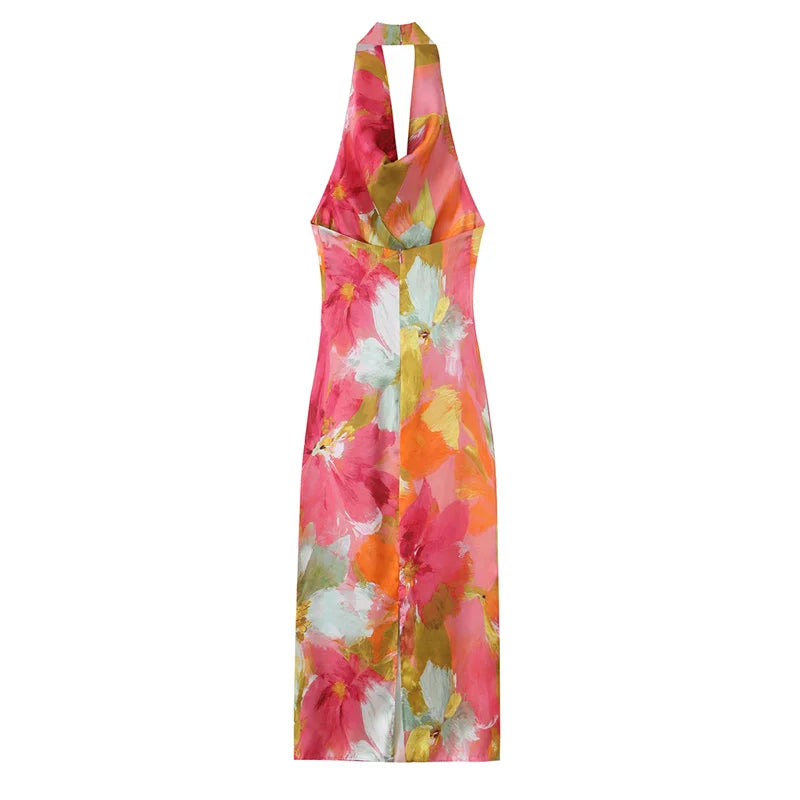 Women's Dress 2026 Summer New Style Printed Halter Neck Satin Texture Long Dress Beach Vacation Elegant and Graceful