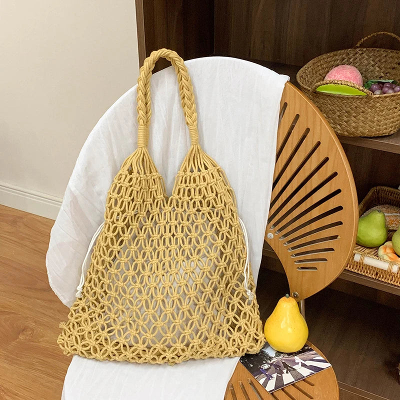 Summer Woven Bag for Women Handbags Handmade Knitted Beach Boho Shoulder Bag Large Tote Bag Hollow Out Shopping Bag