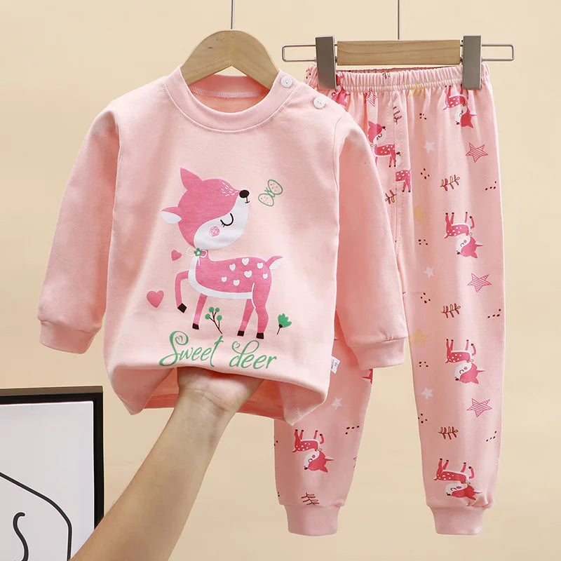 Pink Top Cartoon Design Long Sleeves Long Pants Kid Adorable Girl Pajama Set Children Cozy Night Sleep Unisex Baby Home Clothes